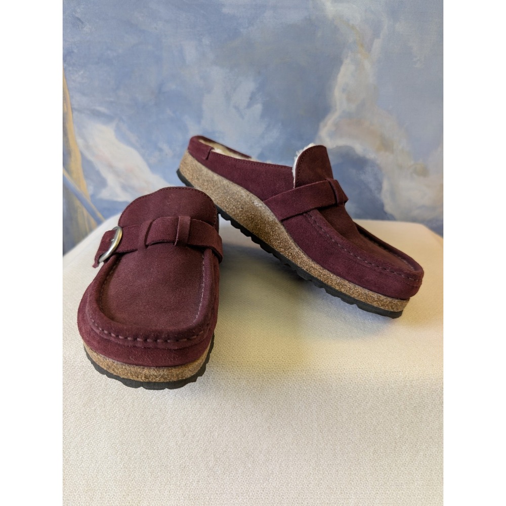 NEW! Birkenstock Women's 7 ' Buckley' Suede Shearling Clog Burgandy $180 - Picture 5 of 10